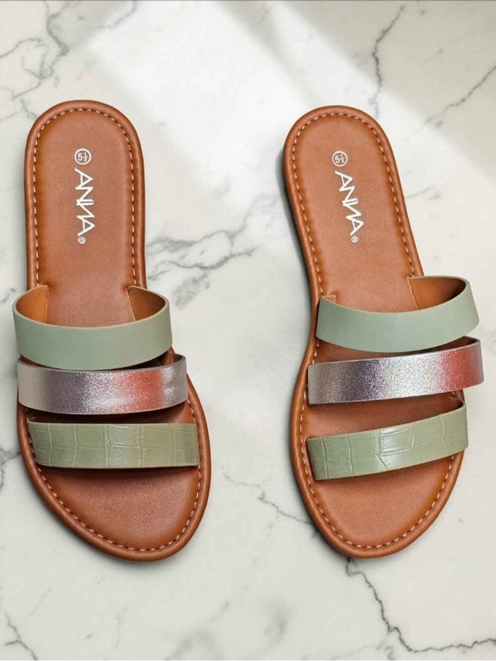 Womens Triple Strap Slide Sandals With Metallic & Green Color